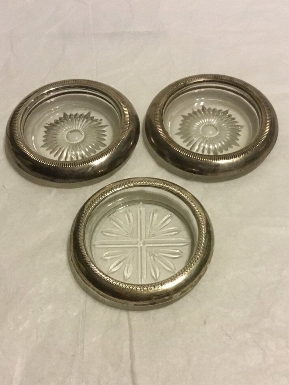 3 vintage sterling silver glass coasters - one F. B. Rogers and 2 others